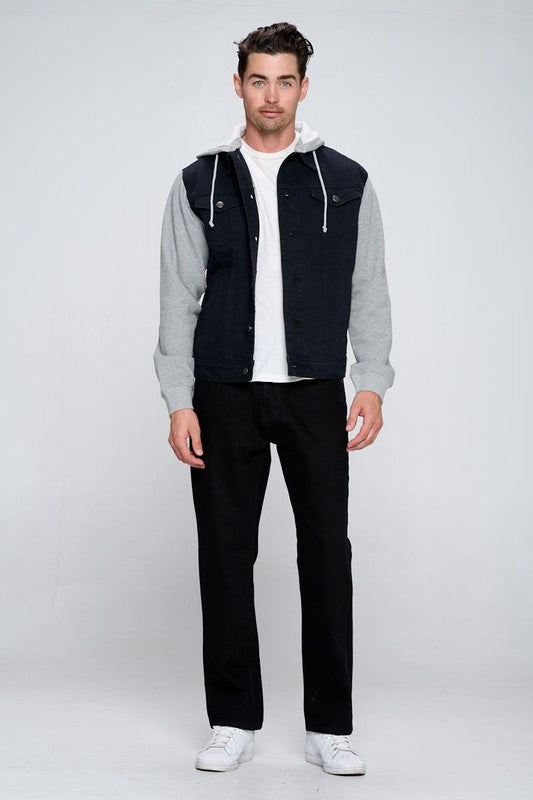The All-Rounder: Men’s Hybrid Denim Jacket with Contrast Fleece Hoodie & Sleeves