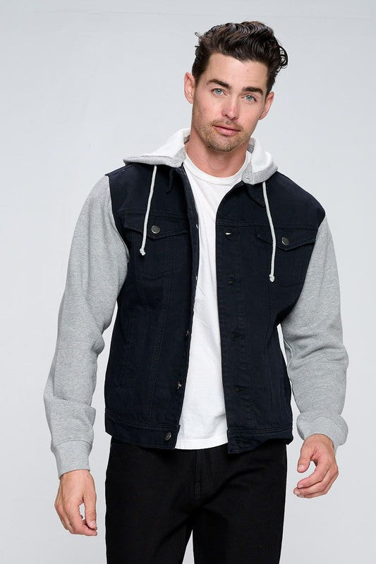The All-Rounder: Men’s Hybrid Denim Jacket with Contrast Fleece Hoodie & Sleeves Black