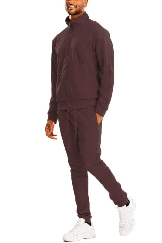 Men's Skinny Fit Solid Tracksuit Set - Full Zip-Up Jacket & Jogger Pants Brown