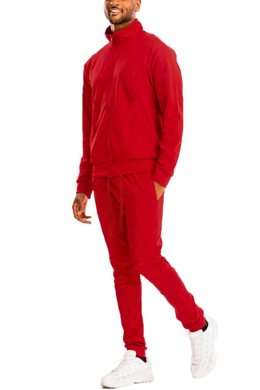 Men's Skinny Fit Solid Tracksuit Set - Full Zip-Up Jacket & Jogger Pants Red