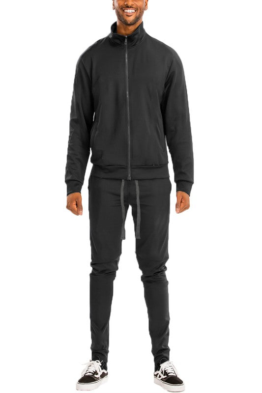 Men's Skinny Fit Solid Tracksuit Set - Full Zip-Up Jacket & Jogger Pants Black
