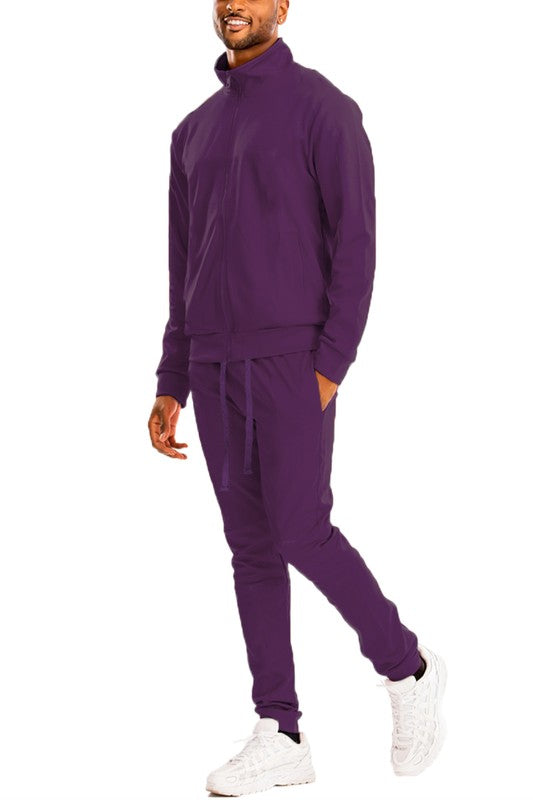 Men's Skinny Fit Solid Tracksuit Set - Full Zip-Up Jacket & Jogger Pants Purple