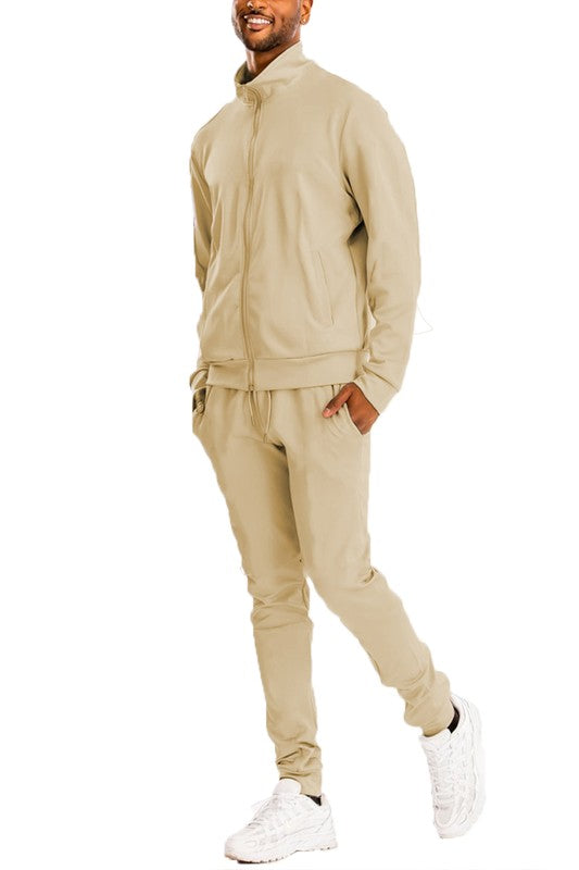 Men's Skinny Fit Solid Tracksuit Set - Full Zip-Up Jacket & Jogger Pants Sand