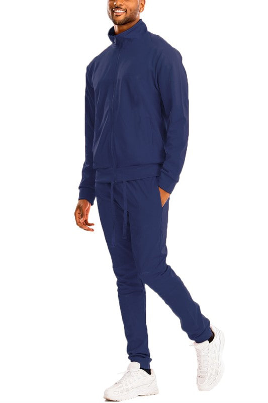 Men's Skinny Fit Solid Tracksuit Set - Full Zip-Up Jacket & Jogger Pants Navy