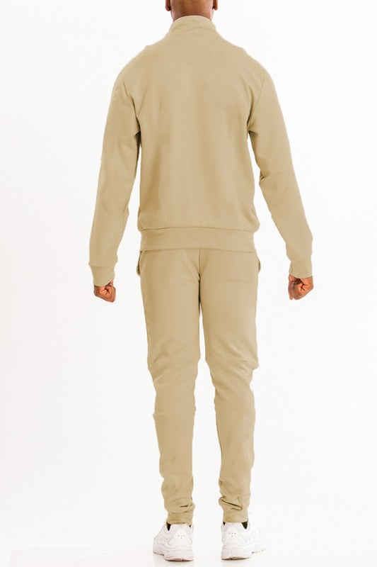Men's Skinny Fit Solid Tracksuit Set - Full Zip-Up Jacket & Jogger Pants