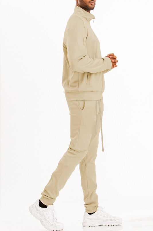 Men's Skinny Fit Solid Tracksuit Set - Full Zip-Up Jacket & Jogger Pants