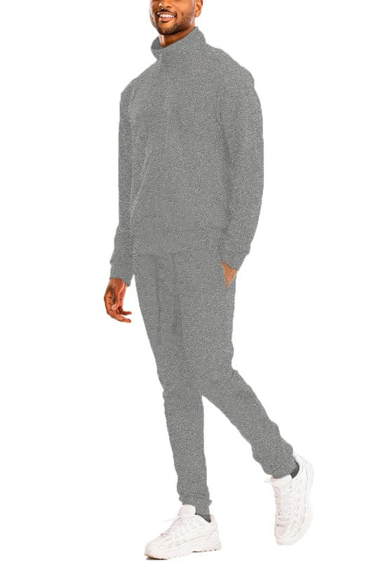 Men's Skinny Fit Solid Tracksuit Set - Full Zip-Up Jacket & Jogger Pants H. Grey