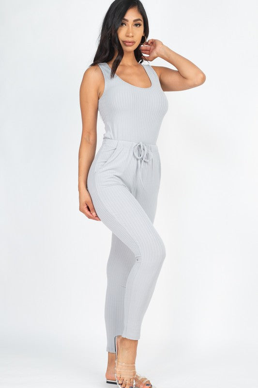 Ribbed Sleeveless Drawstring Jumpsuit – Bodycon Stretch Knit One-Piece