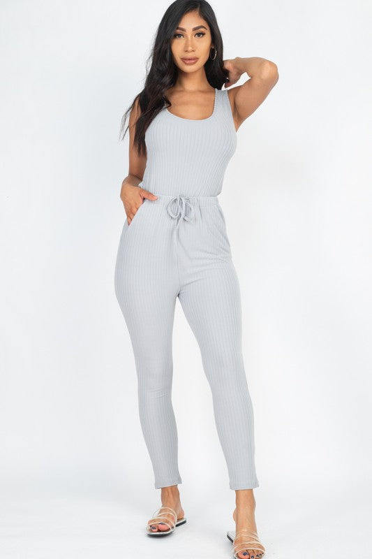 Ribbed Sleeveless Drawstring Jumpsuit – Bodycon Stretch Knit One-Piece Grey