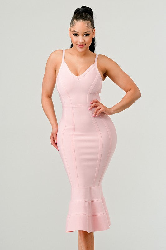 V-Neck Spaghetti Strap Mermaid Bodycon Midi Dress - Bandage Seam Detail