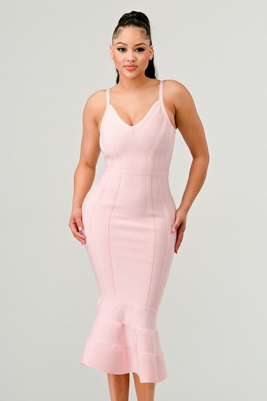 V-Neck Spaghetti Strap Mermaid Bodycon Midi Dress - Bandage Seam Detail