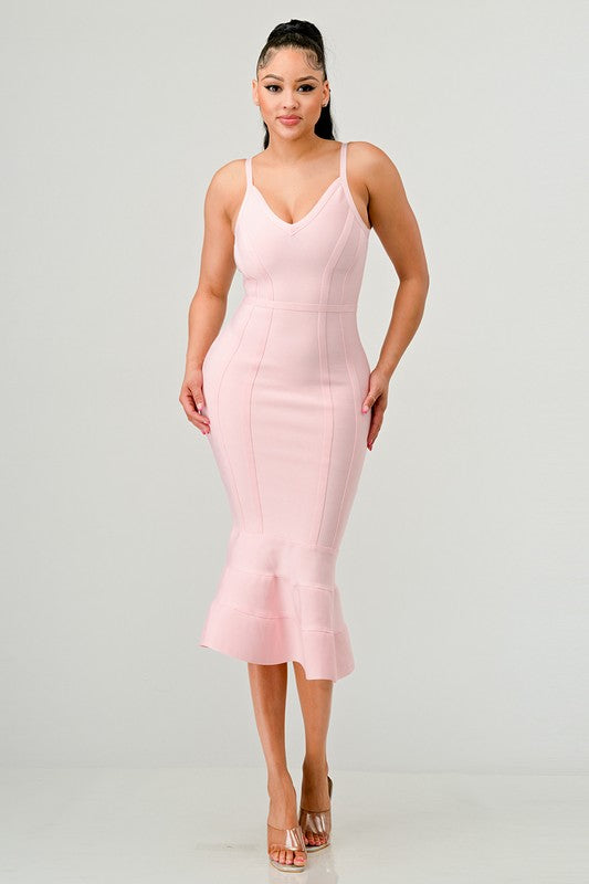 V-Neck Spaghetti Strap Mermaid Bodycon Midi Dress - Bandage Seam Detail