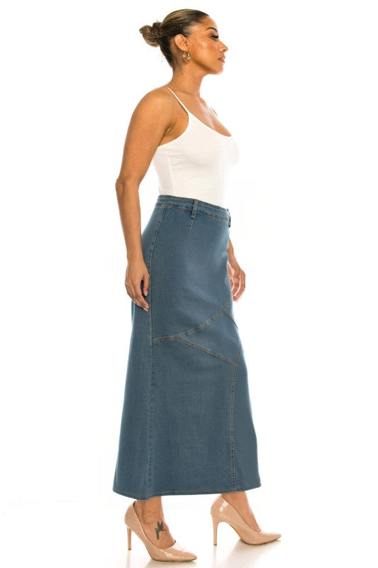 Be-Girl Women's Stretch Denim Maxi Skirt – Diagonal Seam Mermaid Flare, Side Zip, Long Jean Skirt, 38" Length