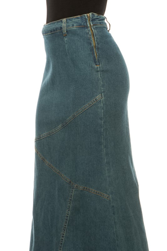 Be-Girl Women's Stretch Denim Maxi Skirt – Diagonal Seam Mermaid Flare, Side Zip, Long Jean Skirt, 38" Length