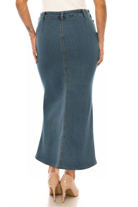 Be-Girl Women's Stretch Denim Maxi Skirt – Diagonal Seam Mermaid Flare, Side Zip, Long Jean Skirt, 38" Length