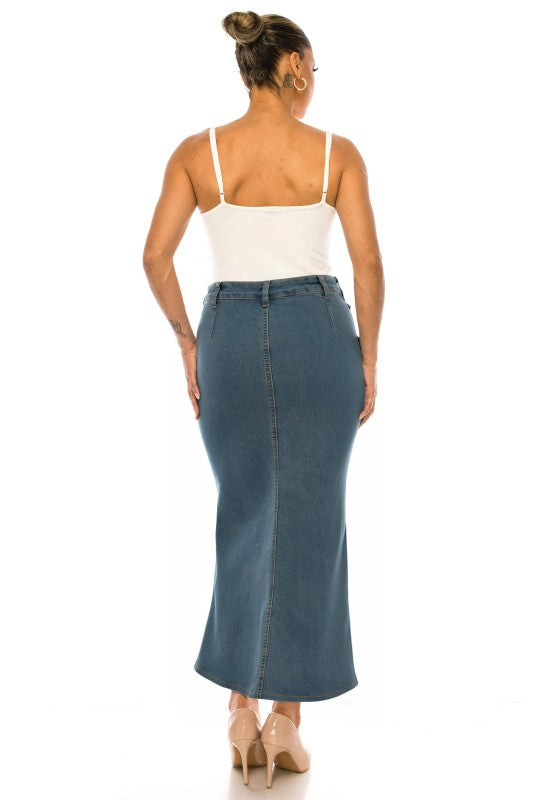 Be-Girl Women's Stretch Denim Maxi Skirt – Diagonal Seam Mermaid Flare, Side Zip, Long Jean Skirt, 38" Length