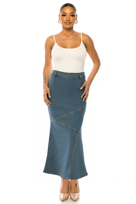 Be-Girl Women's Stretch Denim Maxi Skirt – Diagonal Seam Mermaid Flare, Side Zip, Long Jean Skirt, 38" Length