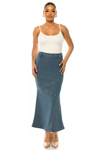 Be-Girl Women's Stretch Denim Maxi Skirt – Diagonal Seam Mermaid Flare, Side Zip, Long Jean Skirt, 38" Length