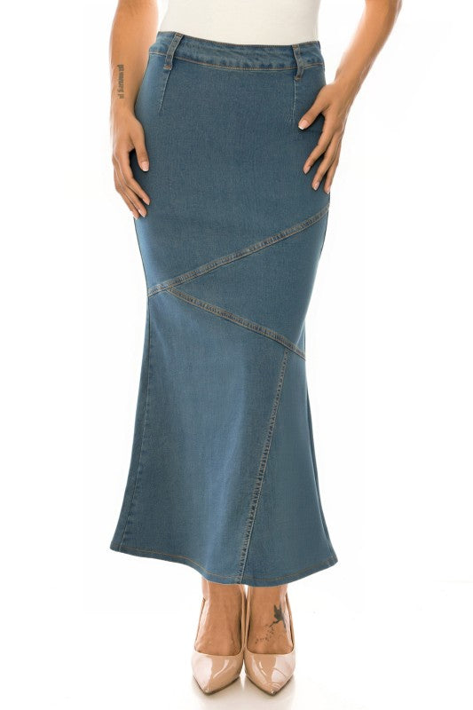 Be-Girl Women's Stretch Denim Maxi Skirt – Diagonal Seam Mermaid Flare, Side Zip, Long Jean Skirt, 38" Length Vintage