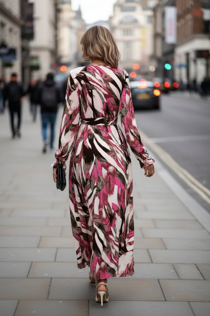 The Printed Surplice Flounce Sleeve Maxi Dress – Self-Tie Belt, Camel & Red, S–XL