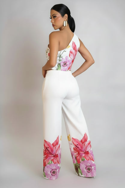 Flower Print 2-Piece Palazzo Set | One-Shoulder Crop Top & Wide-Leg Pants Pink XL