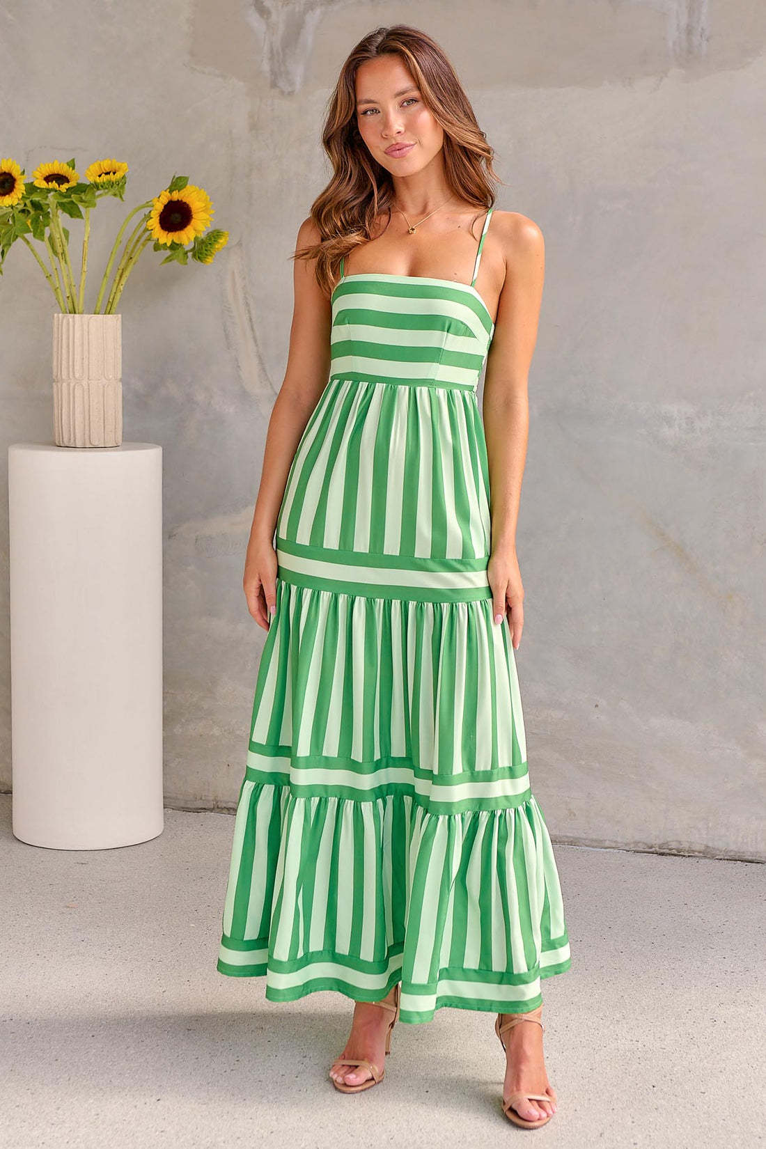 The Striped Square Neck Backless Maxi Dress – Spaghetti Strap, Pockets, 5 Colors Green