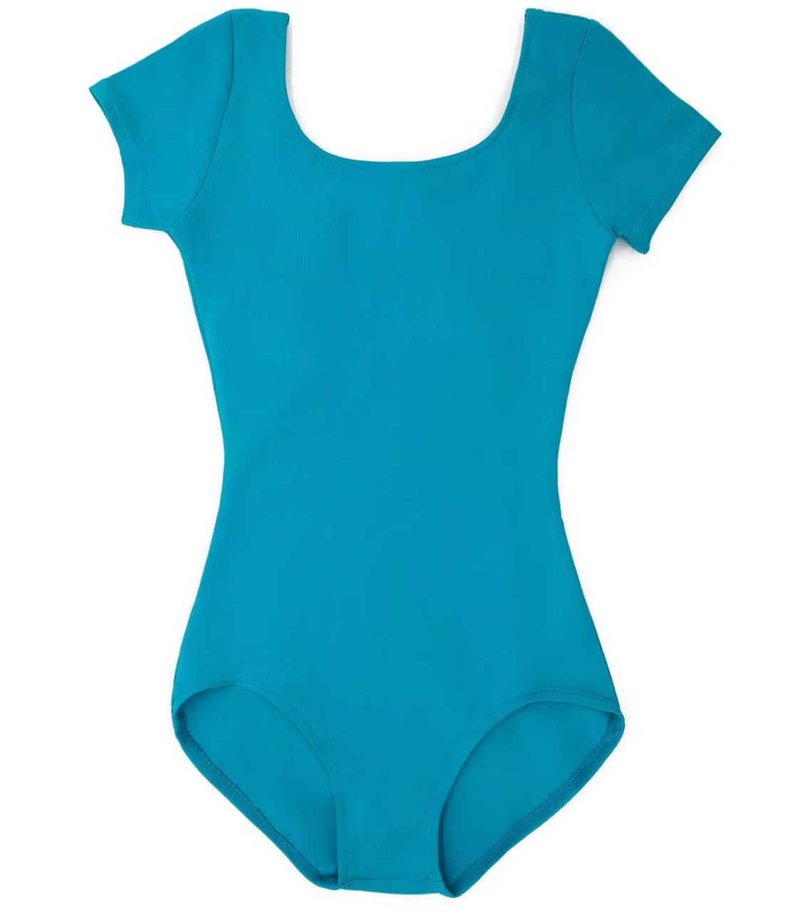 Teal leotard with short sleeves on a white background