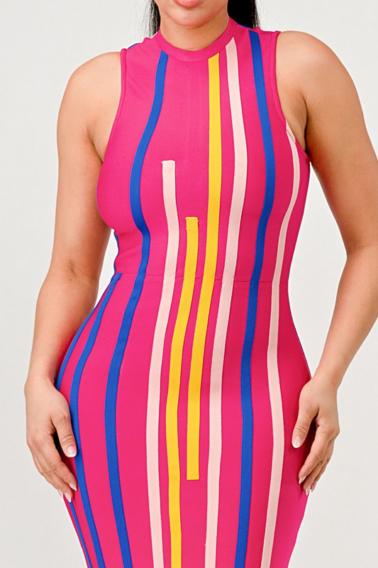 Sunset Boulevard Sleeveless Maxi Dress - Multi-Color Vertical Stripe Bodycon