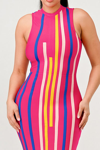 Sunset Boulevard Sleeveless Maxi Dress - Multi-Color Vertical Stripe Bodycon