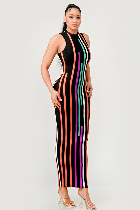 Sunset Boulevard Sleeveless Maxi Dress - Multi-Color Vertical Stripe Bodycon