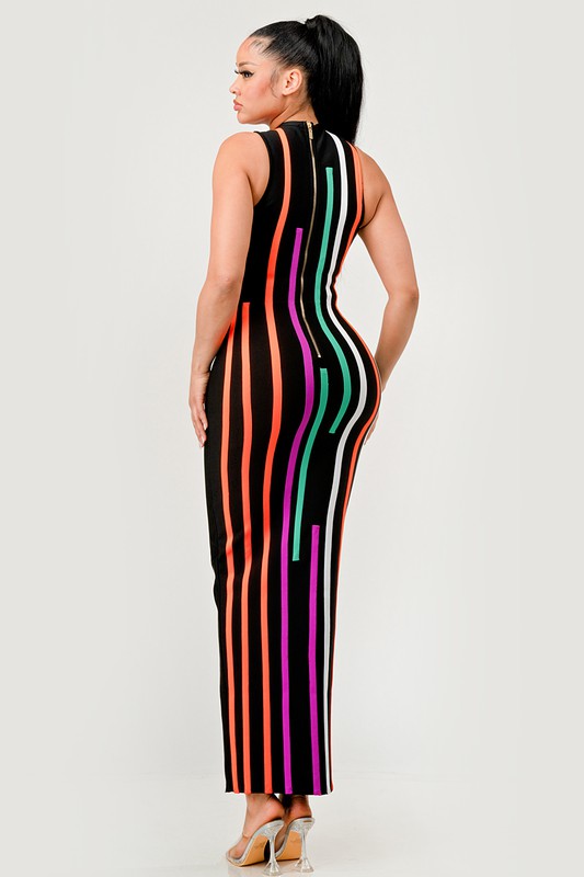 Sunset Boulevard Sleeveless Maxi Dress - Multi-Color Vertical Stripe Bodycon
