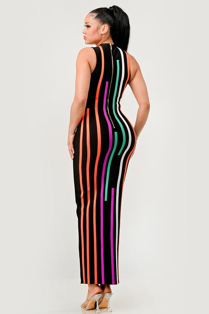 Sunset Boulevard Sleeveless Maxi Dress - Multi-Color Vertical Stripe Bodycon