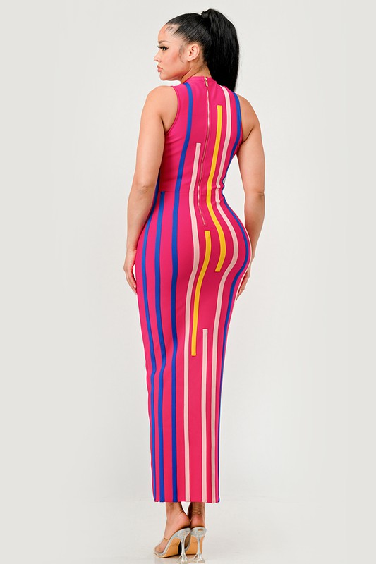 Sunset Boulevard Sleeveless Maxi Dress - Multi-Color Vertical Stripe Bodycon