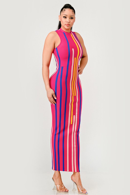 Sunset Boulevard Sleeveless Maxi Dress - Multi-Color Vertical Stripe Bodycon