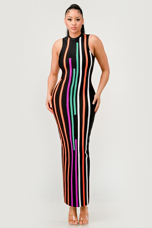 Sunset Boulevard Sleeveless Maxi Dress - Multi-Color Vertical Stripe Bodycon