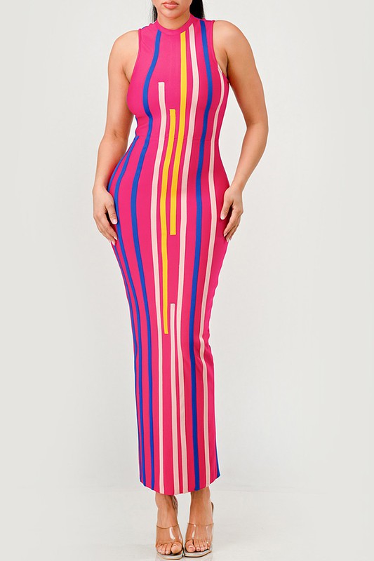 Sunset Boulevard Sleeveless Maxi Dress - Multi-Color Vertical Stripe Bodycon PINK MULTI