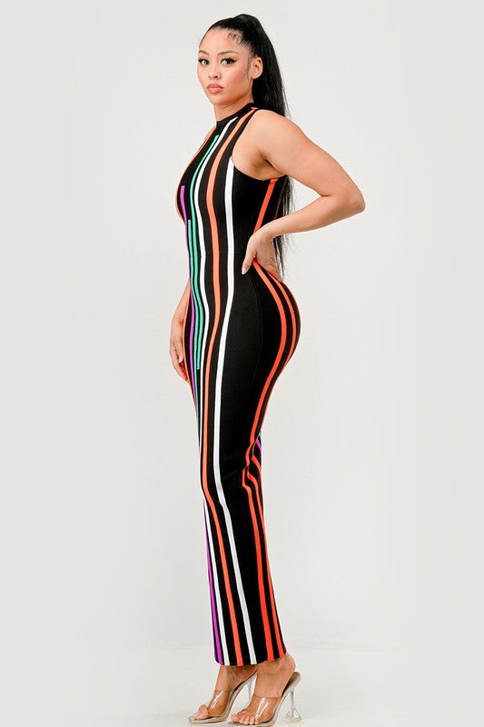 Sunset Boulevard Sleeveless Maxi Dress - Multi-Color Vertical Stripe Bodycon