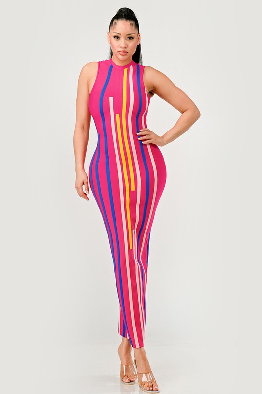 Sunset Boulevard Sleeveless Maxi Dress - Multi-Color Vertical Stripe Bodycon
