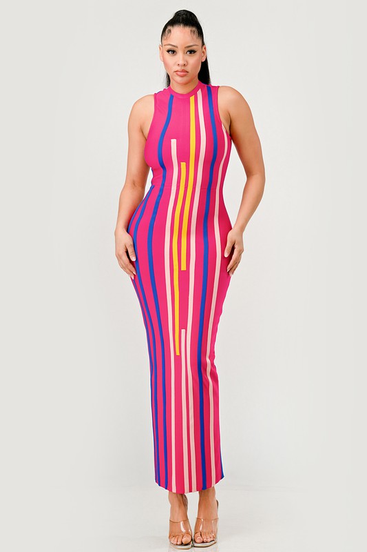Sunset Boulevard Sleeveless Maxi Dress - Multi-Color Vertical Stripe Bodycon