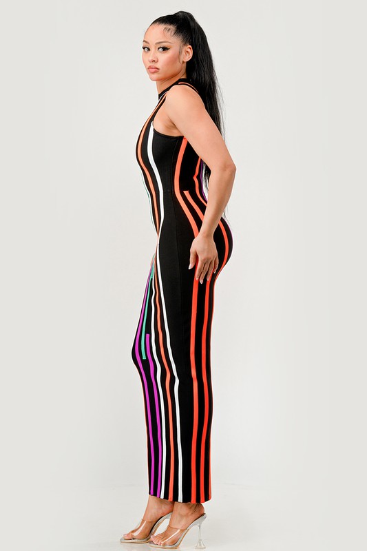 Sunset Boulevard Sleeveless Maxi Dress - Multi-Color Vertical Stripe Bodycon