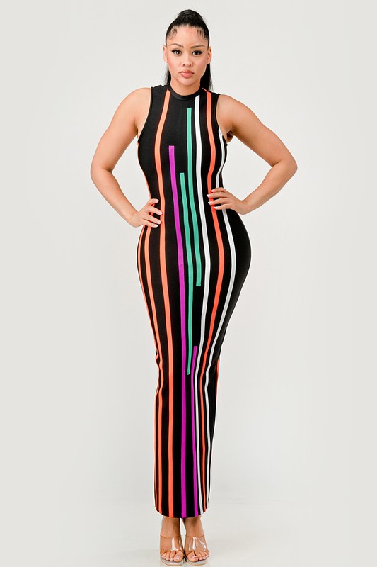 Sunset Boulevard Sleeveless Maxi Dress - Multi-Color Vertical Stripe Bodycon