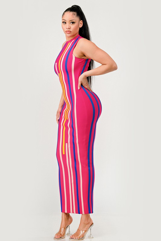 Sunset Boulevard Sleeveless Maxi Dress - Multi-Color Vertical Stripe Bodycon