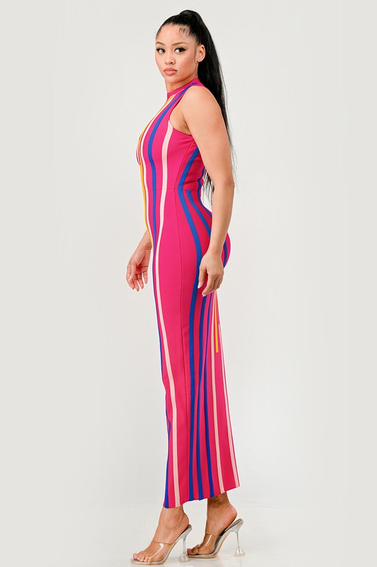 Sunset Boulevard Sleeveless Maxi Dress - Multi-Color Vertical Stripe Bodycon