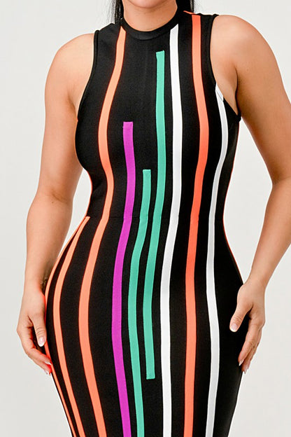 Sunset Boulevard Sleeveless Maxi Dress - Multi-Color Vertical Stripe Bodycon