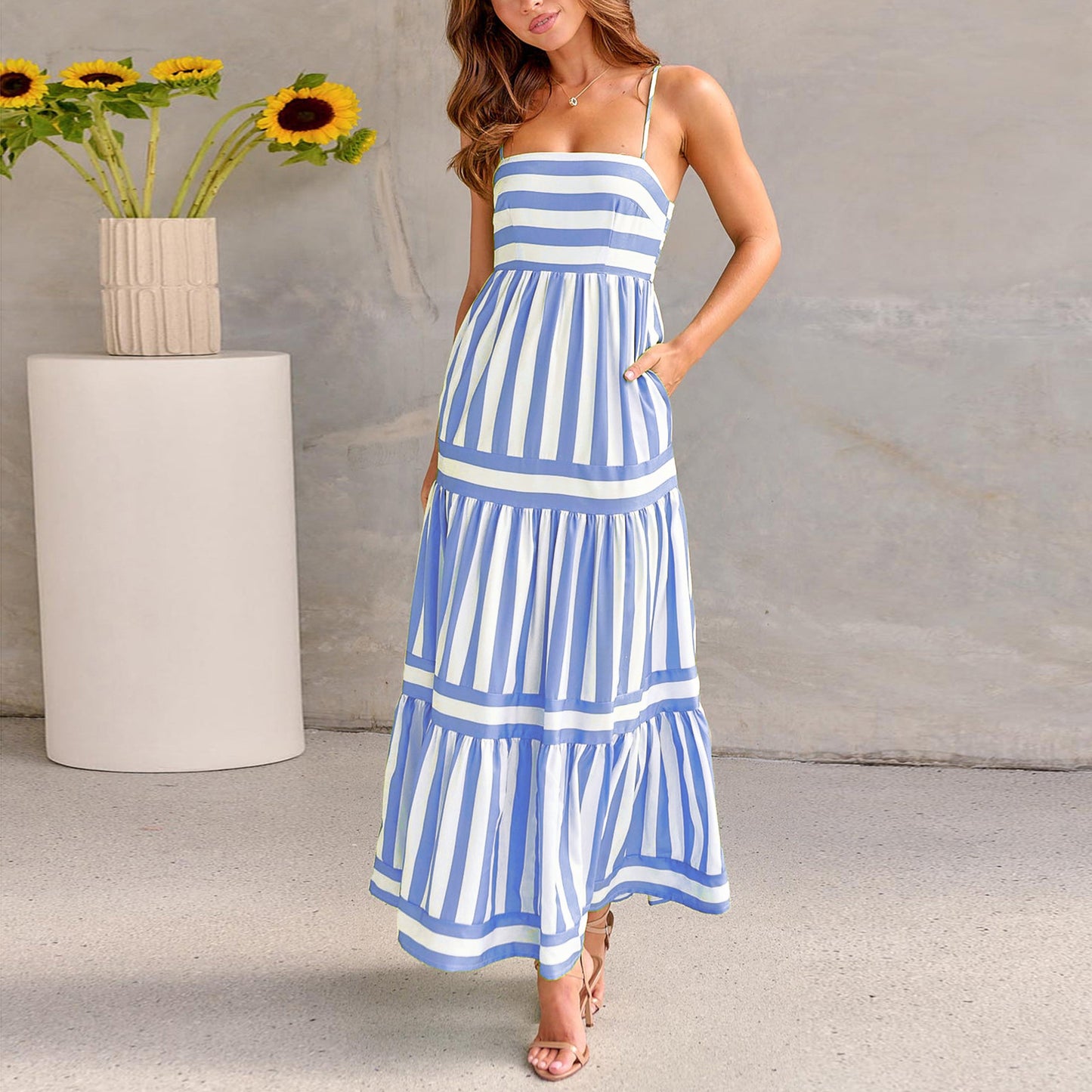 The Striped Square Neck Backless Maxi Dress – Spaghetti Strap, Pockets, 5 Colors Blue