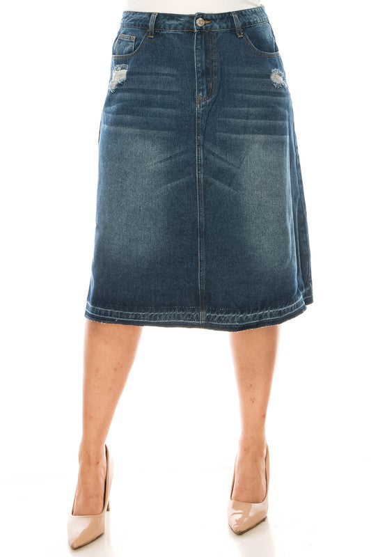 Be-Girl Plus Size A-Line Distressed Denim Skirt - Raw Hem Mid-Length Indigo Wash