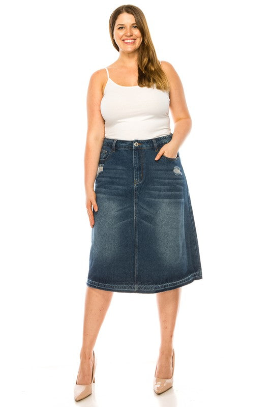 Be-Girl Plus Size A-Line Distressed Denim Skirt - Raw Hem Mid-Length