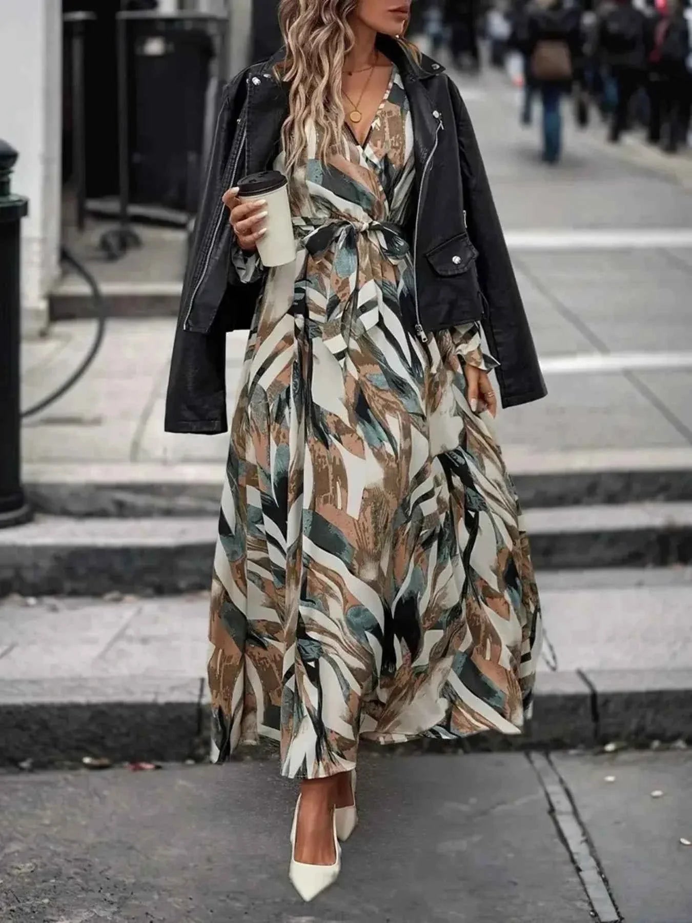 The Printed Surplice Flounce Sleeve Maxi Dress – Self-Tie Belt, Camel & Red, S–XL Camel XL