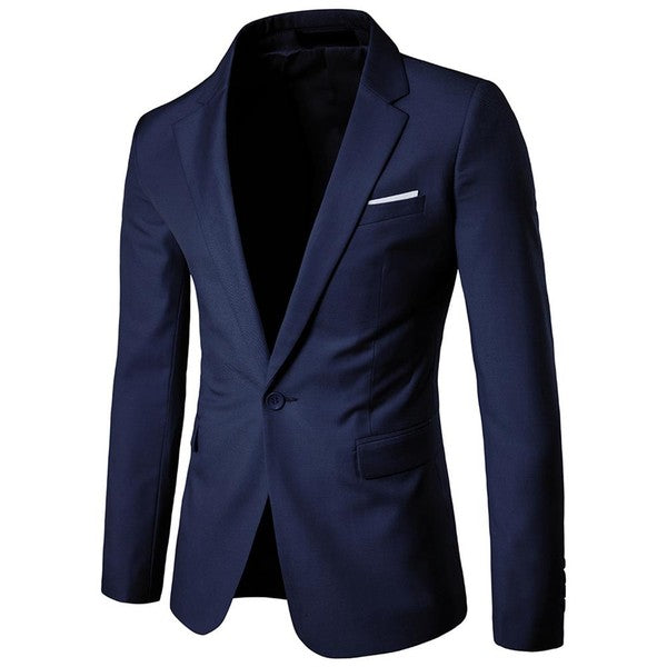 Men's One Button Slim Fit Business Blazer | Notched Lapel Daily Wear Jacket Navy Blue XS