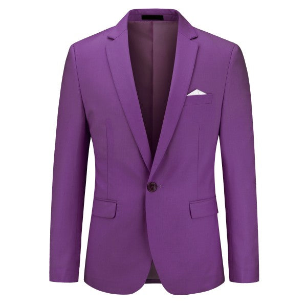 Men's Solid Color Single Vent 1-Button Blazer | Slim Fit Notched Lapel Jacket – Pink, Purple, Red & Caramel Purple